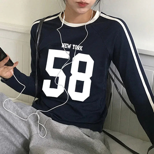 Letter Vintage Y2k Tshirt Women Harajuku Streetwear Grunge Japanese 2000s Long Sleeve Round Neck T-shirts Korean Fashion Tops