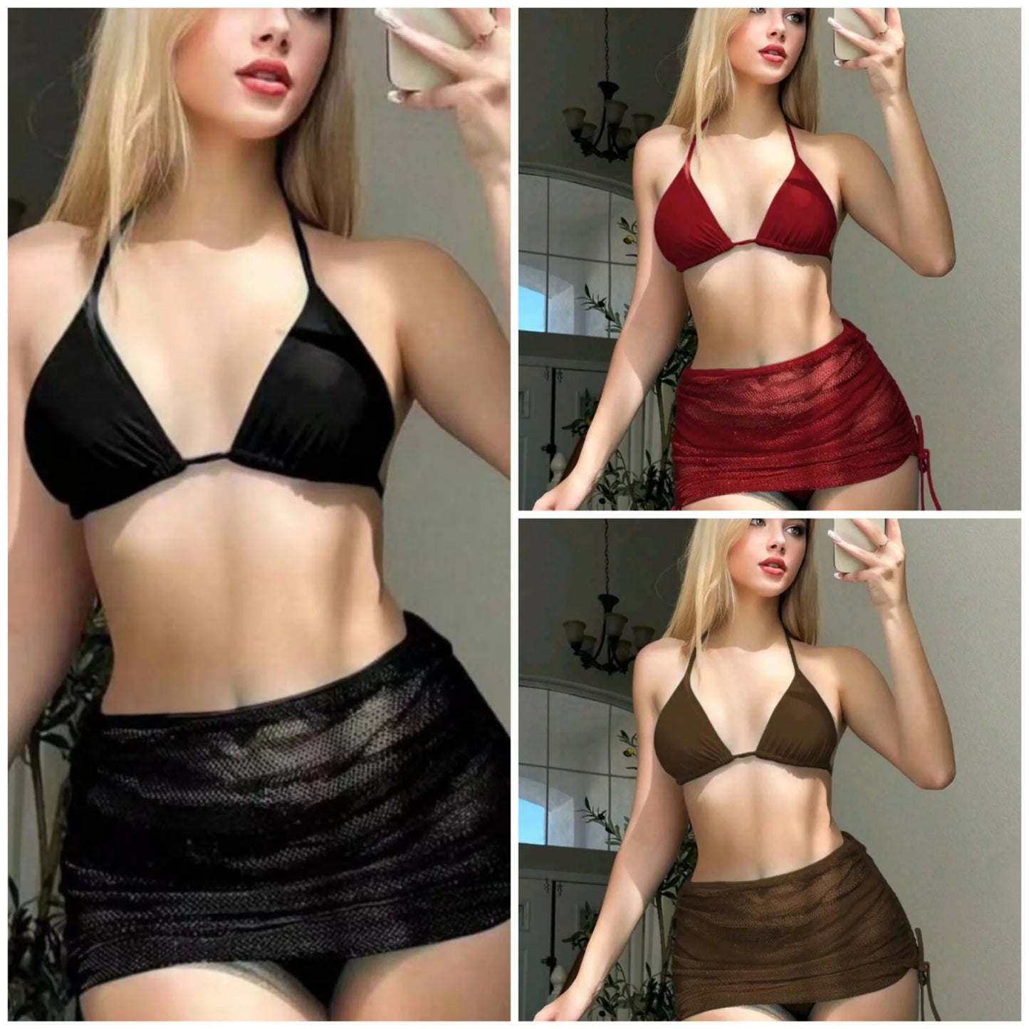 New 3 Pieces Set Mesh Swimsuit Women Swimwear Sexy Triangle Thong Bikini with Drawstring Skirts Beach Wear Bathing Suit Korean