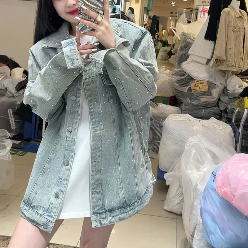 2024 Spring New Denim Jacket Women's Loose-Fit Versatile Casual Age-Reducing Diamond-Embellished Jacket Top