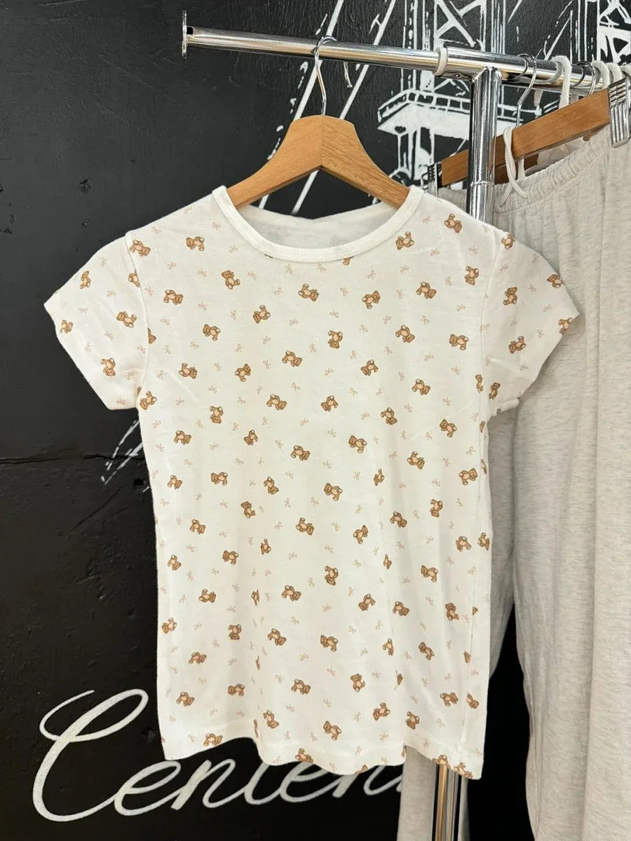 Women Slim Little Bear Bow Print T-shirt Summer Cottton Round Neck Short Sleeve Tee Shirts New Casual Sweet Cute Tshirt Y2k Tops