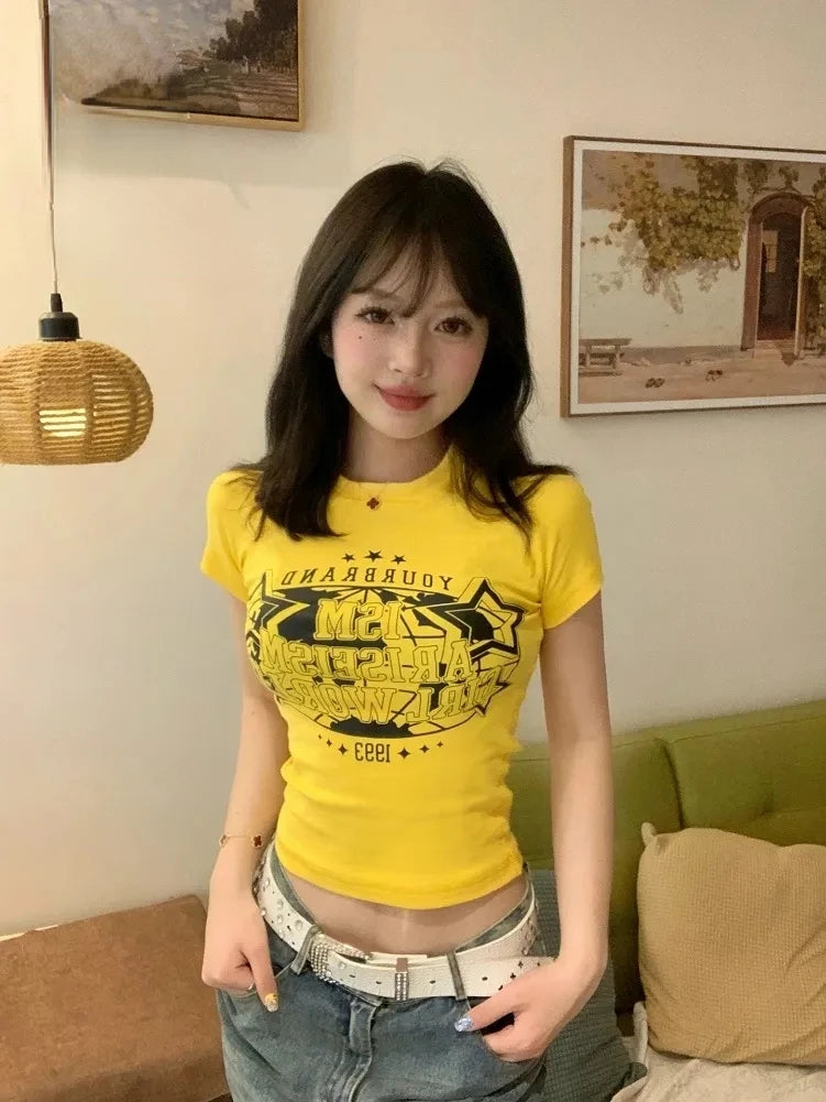 Y2K Millennium Retro Harajuku Alphabet Print Crop Top Women Short Hot Girl Top with Navel Exposed and Short Sleeved T Shirt