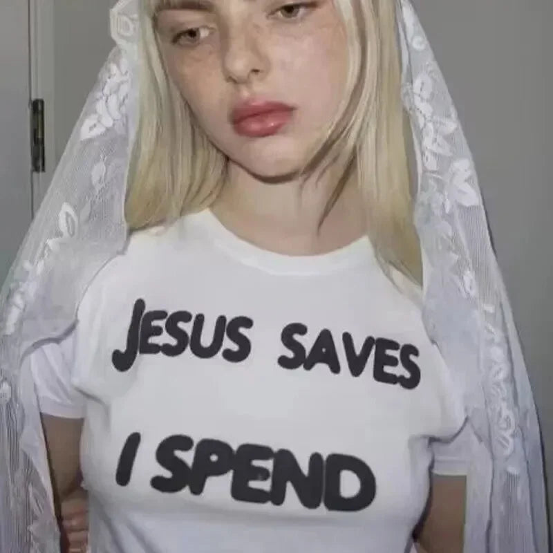 Jesus Saves I Spend 2000s Grunge Baby Tee Harajuku Y2k Goth Clothes College Fashion Woman T Shirt  Baby Tee Popular Crop Top