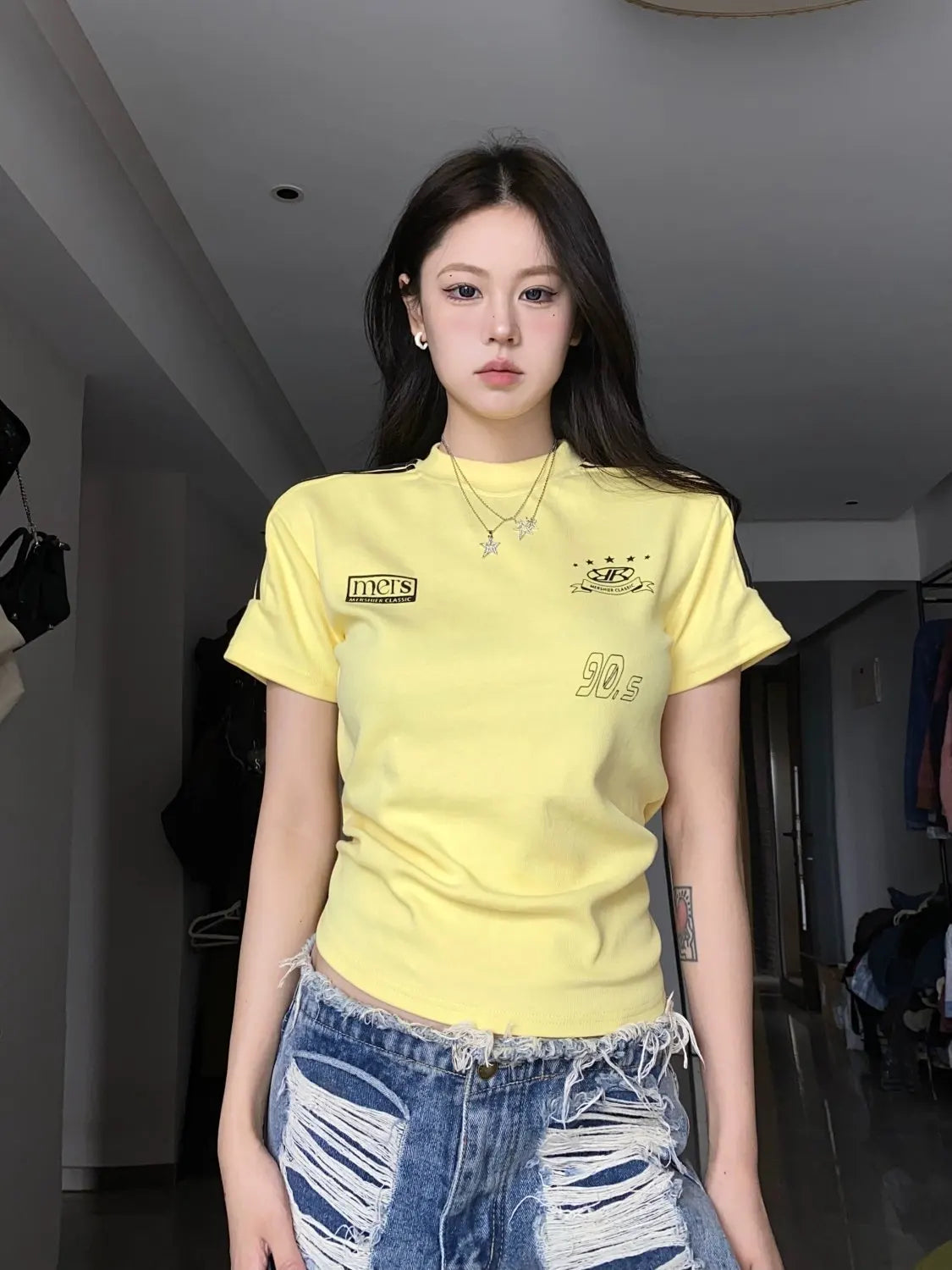 Summer American Retro Sports Style Short Cotton T-Shirt Women's Slim Three Stripes Hot Girl Right Shoulder Short Sleeve Trendy