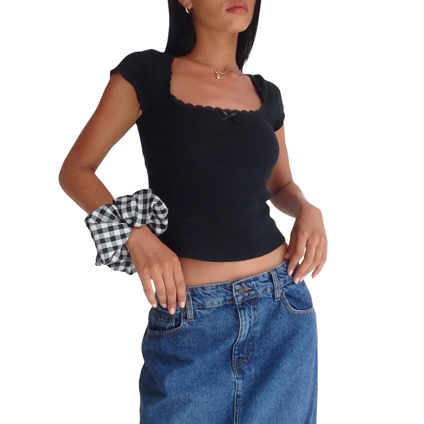 Mulheres Verão Y2K Fairycore Grunge Renda Trim Slim Crop Tops Gola Quadrada Manga Curta Skinny Basic T-shirts Tee Tops Preto Branco