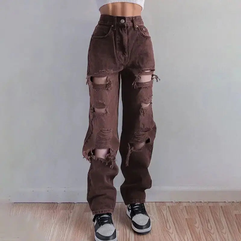 2024 Novas Calças Jeans Rasgadas de Cintura Alta Moda Feminina Hip Hop Punk Roupas Jeans Soltas Vintage Femininas Calças Jeans Rasgadas Streetwear