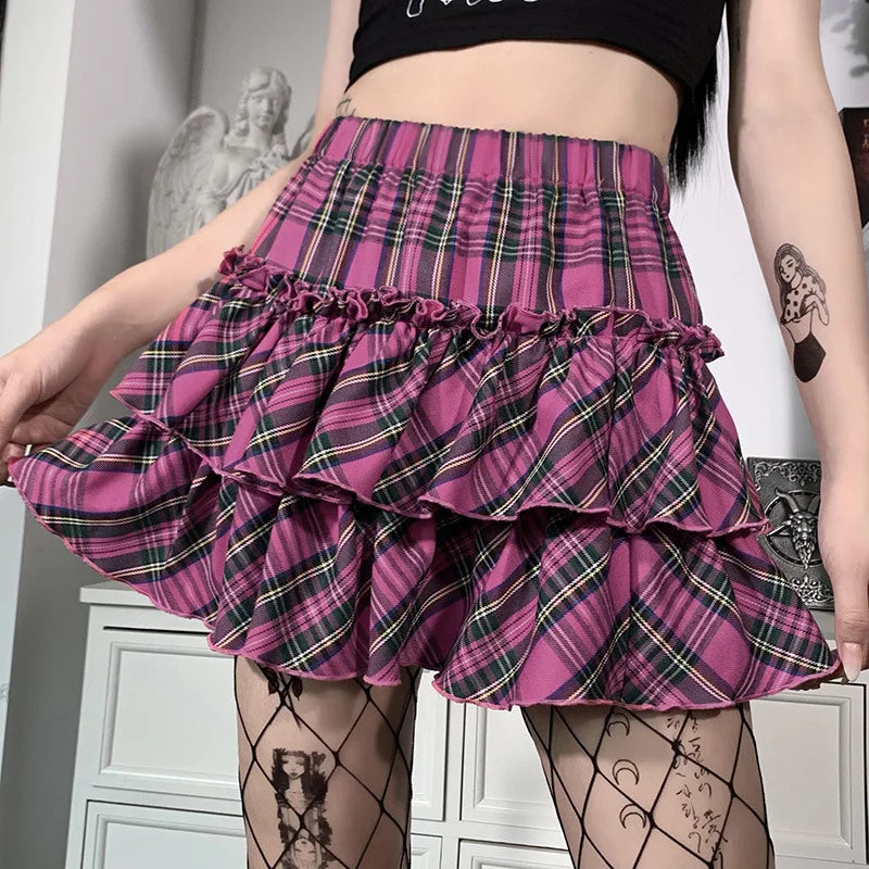 Saia rosa estilo universitário japonês saia xadrez feminina cintura alta slim lolita cosplay y2k saia gótica