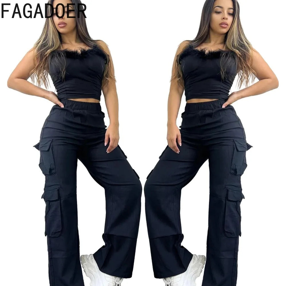 FAGADOER Black Casual Solid Color Pocket Straight Cargo Pants Women Elastic High Waist Slim Trousers Female Sporty Bottoms 2024