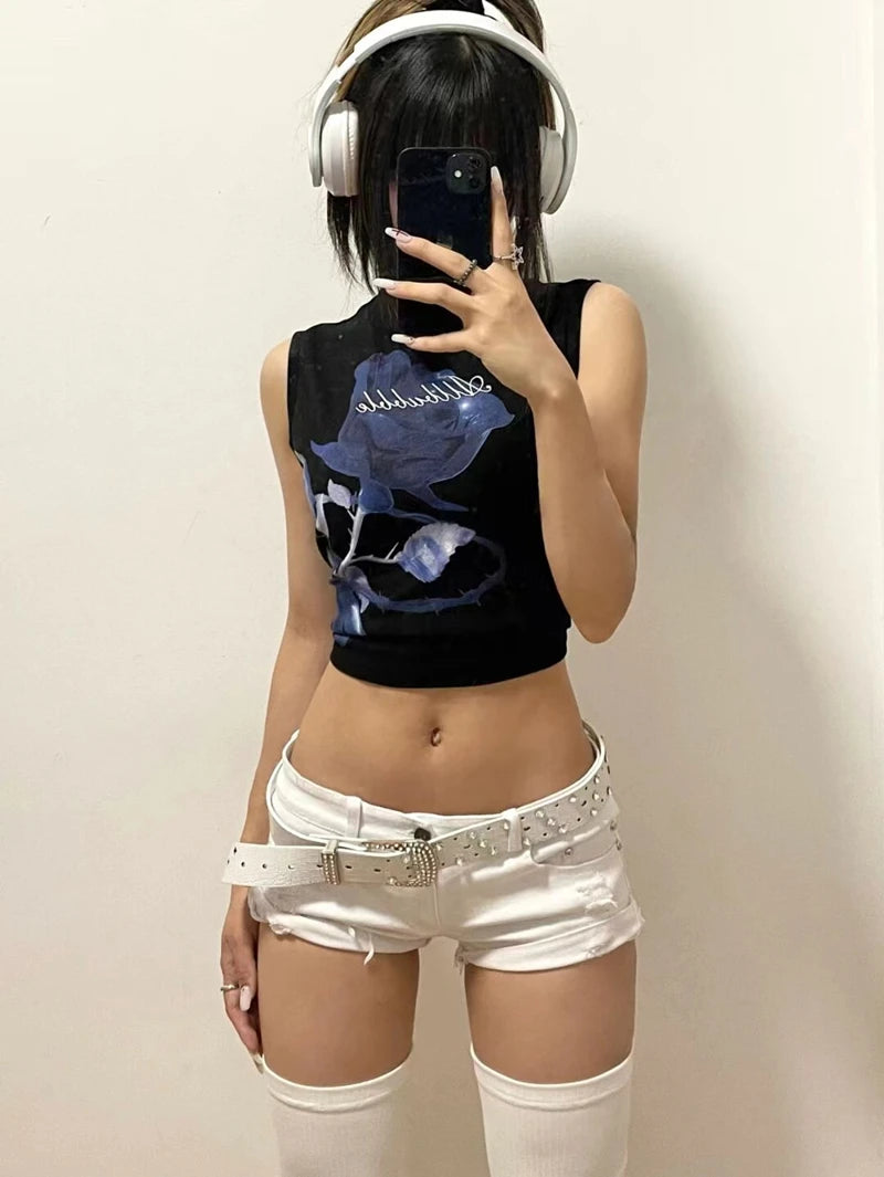 Women's Vintage Low Waist A-Line Slim Denim Shorts, White Streetwear, Female Sexy, Spring, Summer, Hot Girl, New