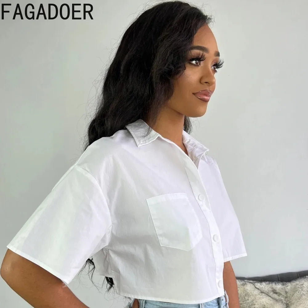 FAGADOER White Casual Solid Irregular Shirts Women Turndown Collar Button Short Sleeve Loose Crop Tops Fashion Female Streetwear