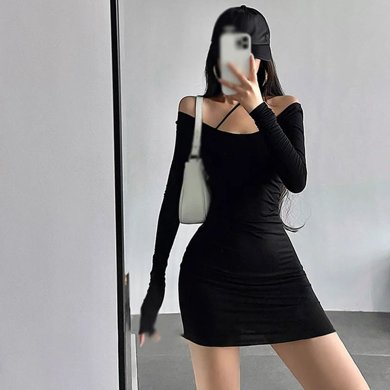 Women French-Style Wary Off-Shoulder Socialite Dress 2024 Autumn New Slim Fit Slimming Temperament Horn Sleeve Dresses