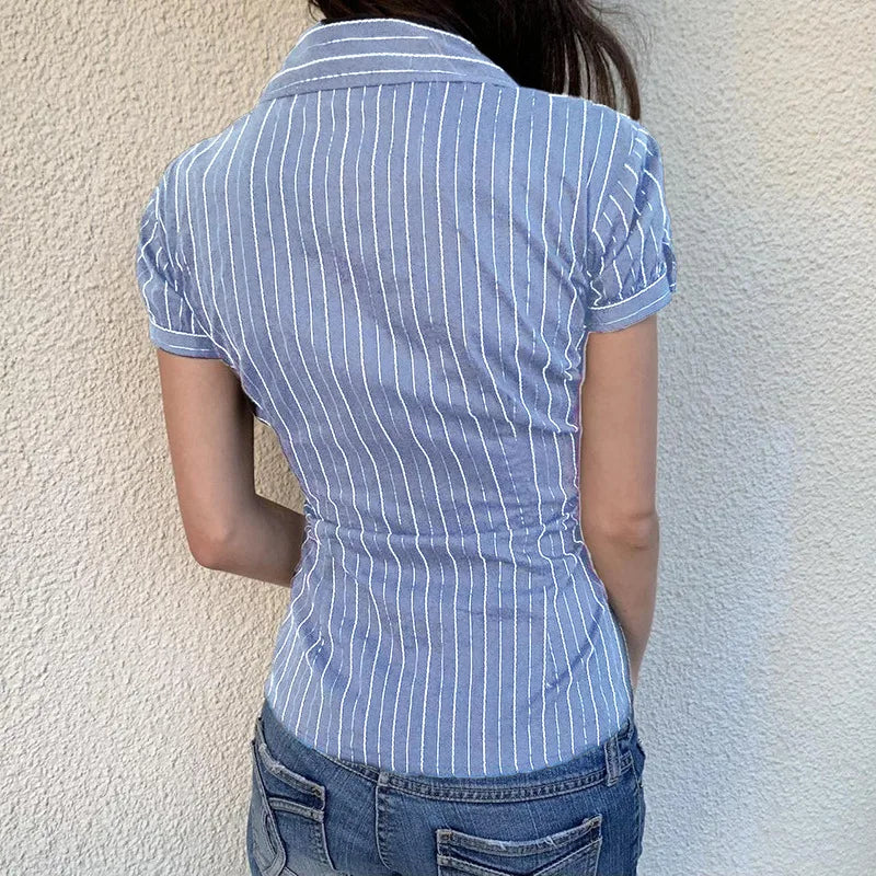 Vintage Striped Slim Fit T-shirt Ladies Short Sleeve V-neck Blouse Tees Preppy Style Button Up Crop Tops Y2K Aesthetic Clothes