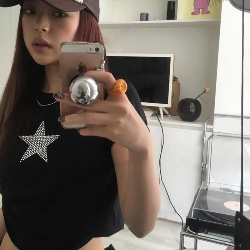 Aesthetics Stars Rhinestone Summer Harajuku T Shirt Top E-girl Graphic Grunge Black Crop Top Baby tee Gothic Y2K Streetwear EMO