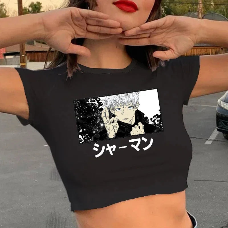 Japanese Anime Tshirt Jujutsu Kaisen T Shirt Women Gojo Satoru Crop Tops Yuji Itadori Graphic Tees Manga Cool T-shirt Clothes