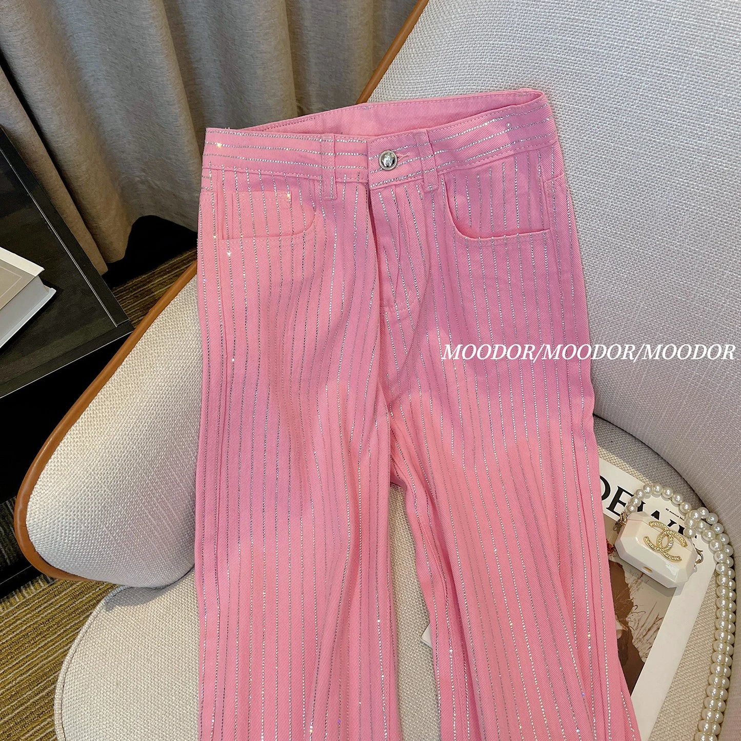 Retro Fashion Wide Leg High Waist Jeans Women Spring  Autumn Versatile Vertical Stripes Rhinestone Pink Baggy Straight Trousers