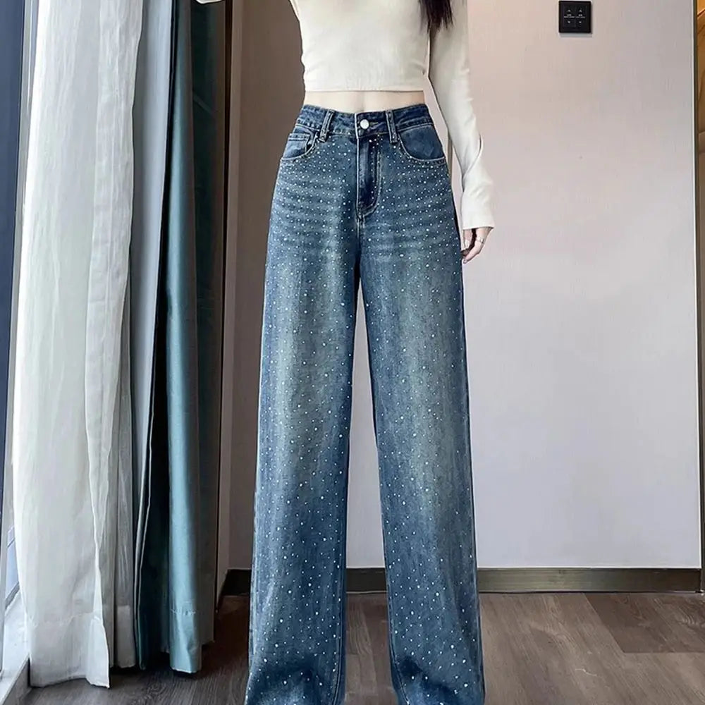 Fashion Straight Wide Leg Pants Women Blue Jeans Spring Autumn High Waist Loose Hot Stamping Diamond Denim Pants Streetwear