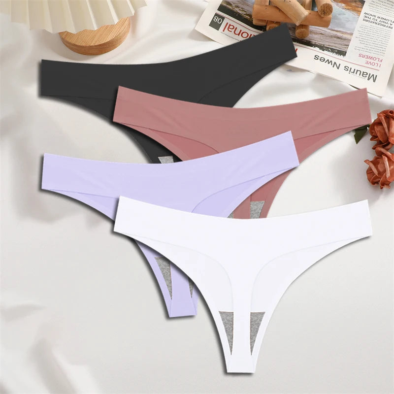 FINETOO 4PCS Seda Cetim Sem Costura Cueca Cintura Baixa Tangas Sexy Cor Sólida Biquíni Cuecas Femininas Elásticas Lingerie Íntima