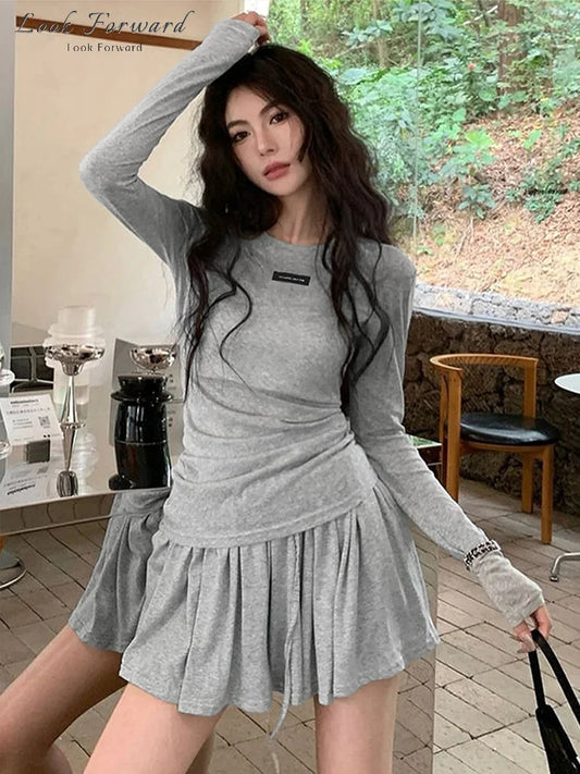 Casual Mini Skirt Set Women Slim Spring Summer O-neck Shirt Full Sleeve A-line Skirts Sets Female Solid Suit Lady Soft Basic