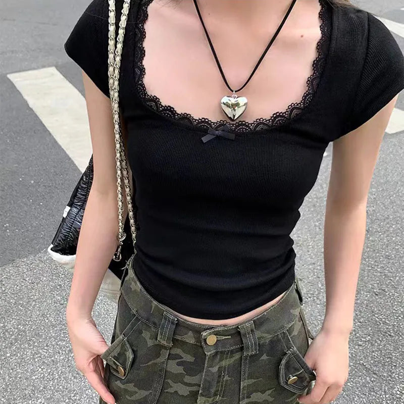 Y2k Lace Patchwork Crop T-shirt Mulheres Vintage Streetwear Sexy Slim U Neck Tops Feminino Harajuku Coreano Arco Chic Bottoming Tees