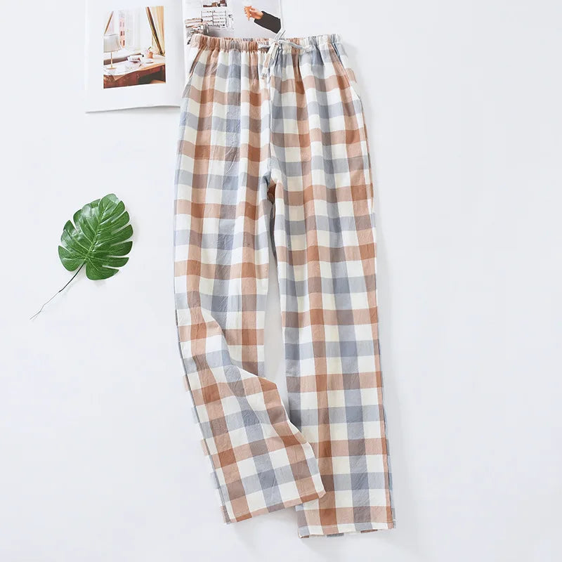 Fdfklak Washed Cotton Plaid Pajamas Pant Men's Woven Pockets Home Pants Casual Loose Male Sleep Trousers Pantalones De Mujer