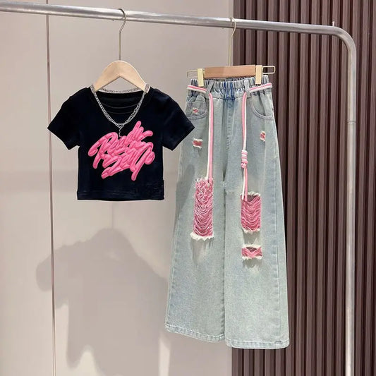 Girls Autumn New 3D Spray Painted Graffiti Short Sleeved Colorful Denim DistresseD Set Children's StyliSh Wide Leg Pants