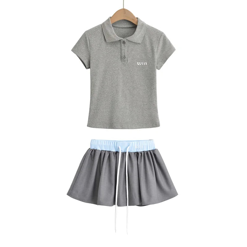 Women's Short Sleeve Polo T-shirt, Contrast Waist Mini Skirt with Underpants Co-ord