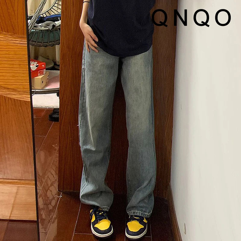 QNQO Jeans for Women Vintage Washed Comfortable Chic Casual Loose Denim Pants 2025 New Fashion Female High Waist Straight Jeans