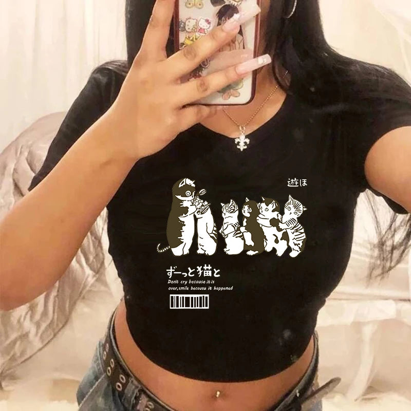 Women 2000s Sweet Funny Cat T Shirt Crop Top Women Shirt Cropped Ulzzang T-shirt 90s Tshirt Top Tee Female Gothic Shirt