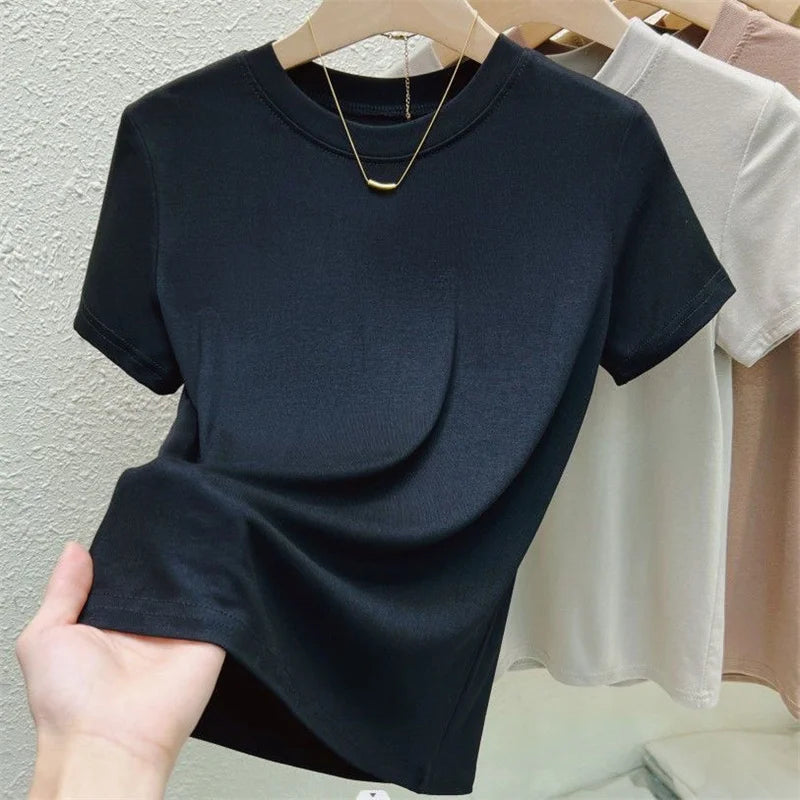 New High Quality Casual WomenT shirt Sexy Slim Short Sleeves Pink Plus Size Fashion Crew Neck Trend Solid Women Clothing Tops