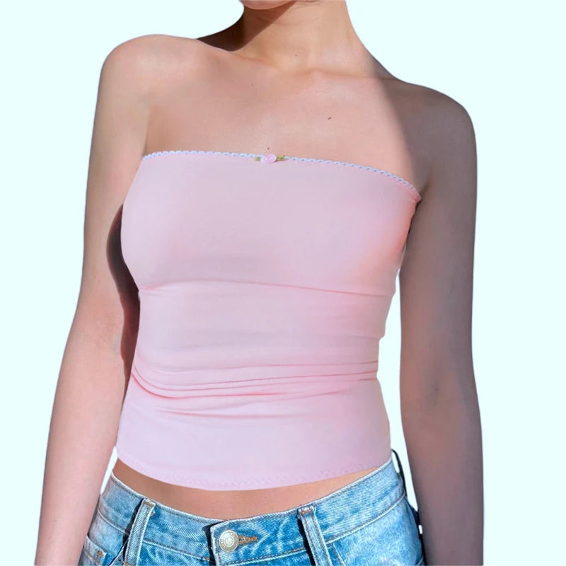 Y2K Fairycore Cute Pink Lace Trim Floral Tank Top Sleeveless Off Shoulder Basic Camis Women Chic Aesthetic Mini Vest Streetwear