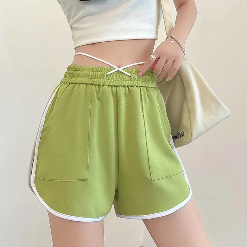 Women High Waist Drawstring Pocket Sports Shorts Casual Loose Fitness Running Shorts Elastic Yoga Cotton A-line Shorts Summer