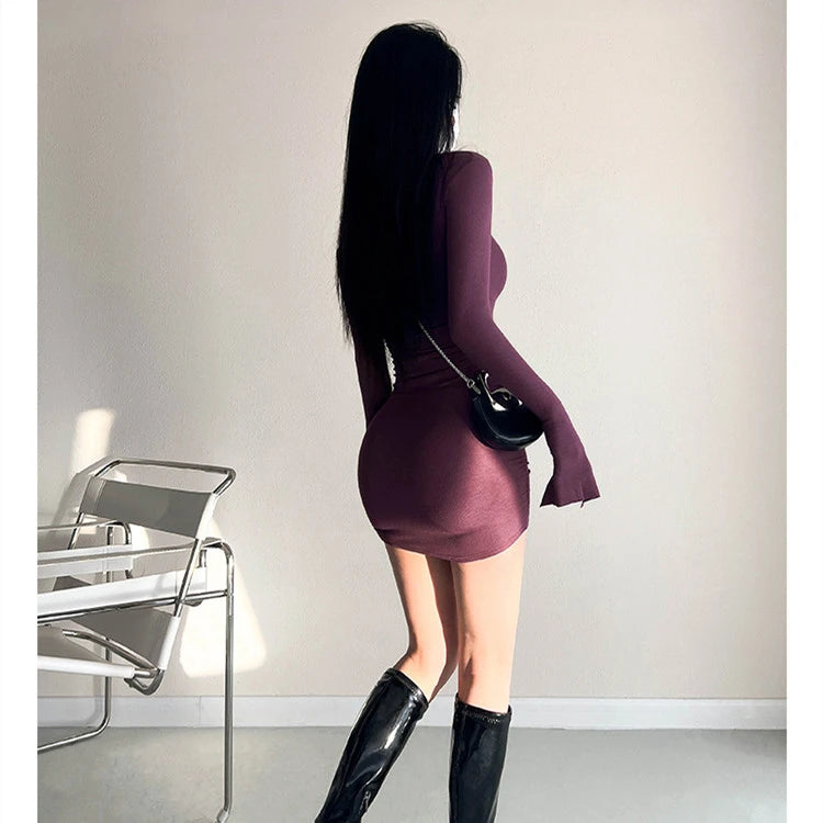 Y2k Korean Fashion Dress Woman Autumn V-neck Mini Sexy Bodycon Black Pink Purple Pary Dresses Women Vintage Cute Clothes