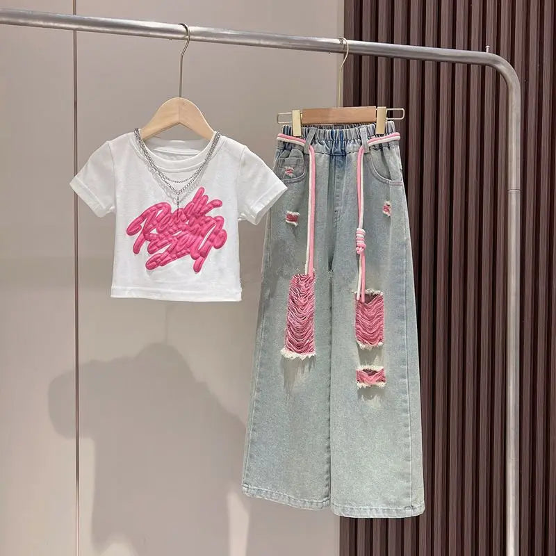 Girls Autumn New 3D Spray Painted Graffiti Short Sleeved Colorful Denim DistresseD Set Children's StyliSh Wide Leg Pants