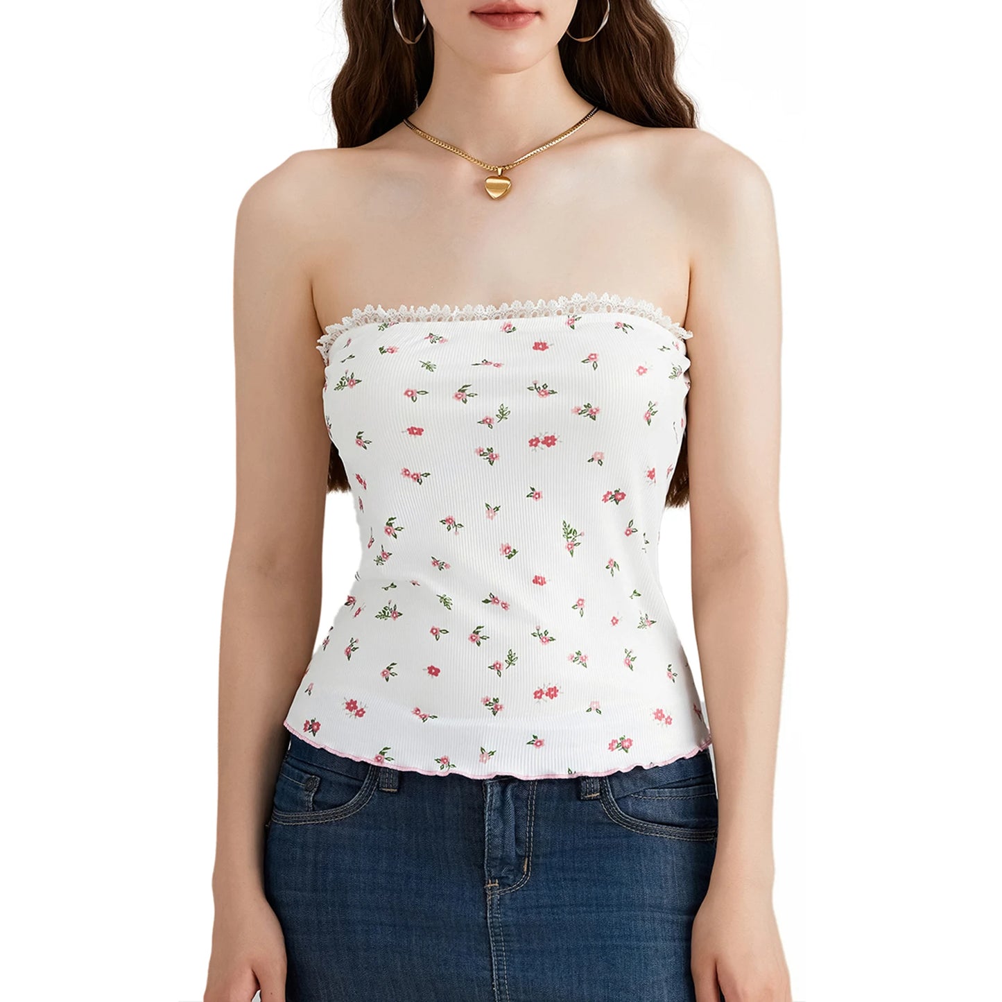 Combhasaki Feminino Y2K Fairy Slim Fit Bandeau Verão Sem Alças Sem Costas Flor All-over Estampa Renda Acabamento Patchwork Crop Tops Tubo