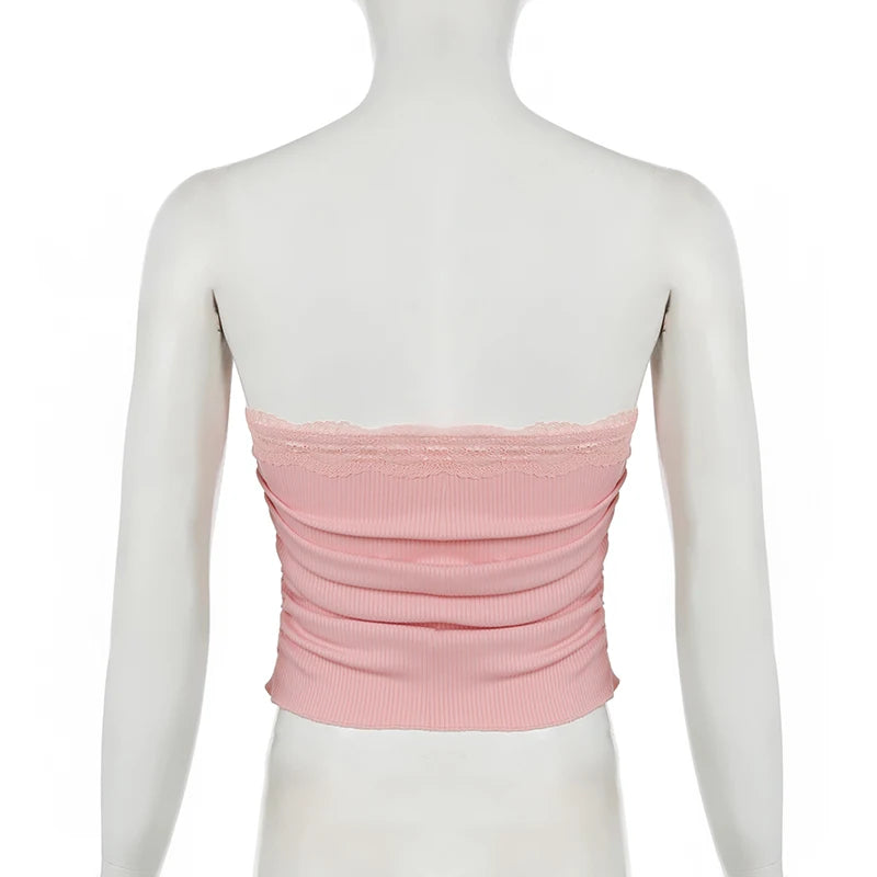 Darlingaga Rosa Renda Emendado Doce Verão Tubo Top Dobrado Laço Estilo Coreano Crop Tops Feminino Bandeau Sem Alças Coquete Roupas Y2K