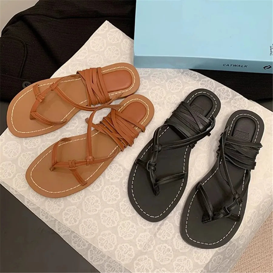 Women's Sandals Summer 2025 Ankle Strap Flip Flops Flat Beach Shoes Ladies Bohemia Casual Lace-up Gladiator Sandalias Mujer