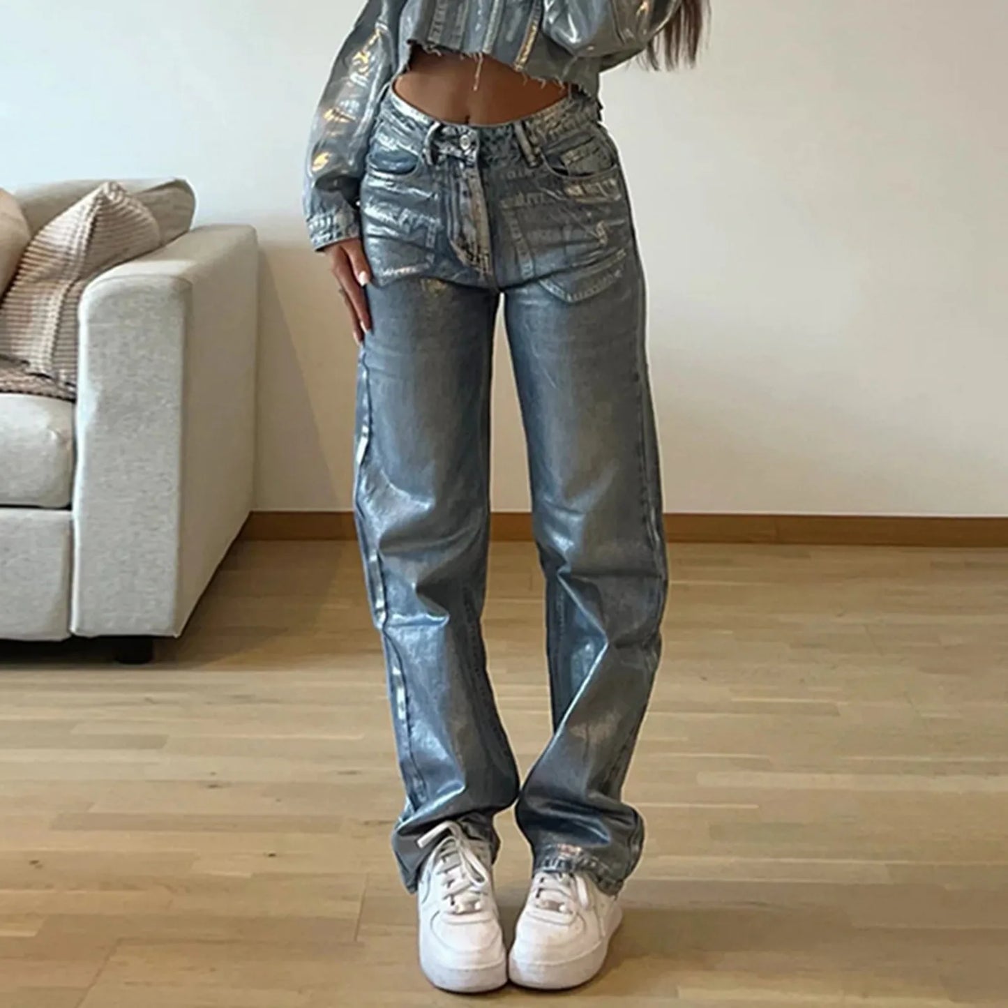 Silver Coated High Waist Straight Jeans Women Fashion Basic Long Pants Women's Denim Pants Casual Trousers Korean Streetwear