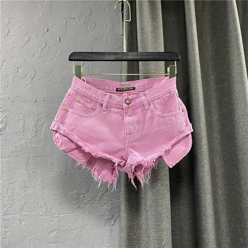 New Women Pink Low Waist Hole Ripped Personalized Low Waisted Denim Shorts Jeans Wide Leg Hot Pants