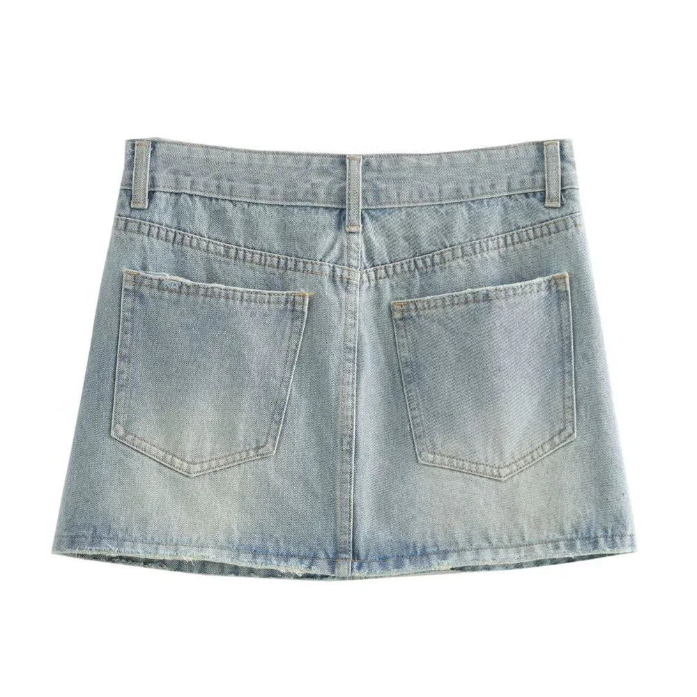 Taop&Za 2024 Summer New Product Women's Fashion and Leisure Versatile Button Zipper Decoration Piercing Denim Half Skirt