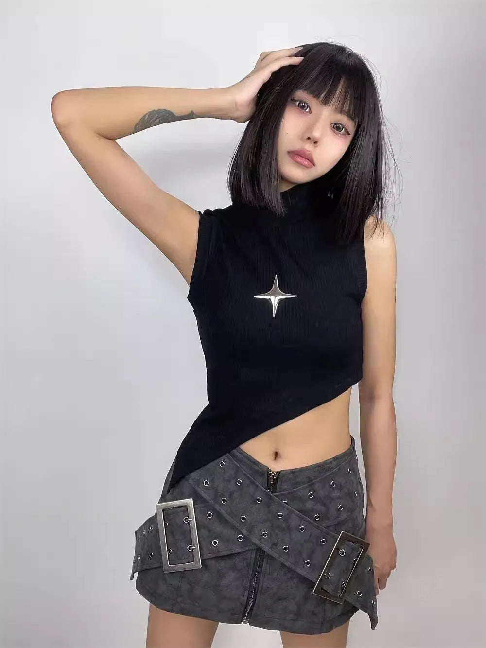 RORORIRI Star Y2k Turtleneck Sleeveless Vest Women Retro Black Solid Asymmetric Tank Top Summer T-shirt Gothic Punk Y2k Clothes