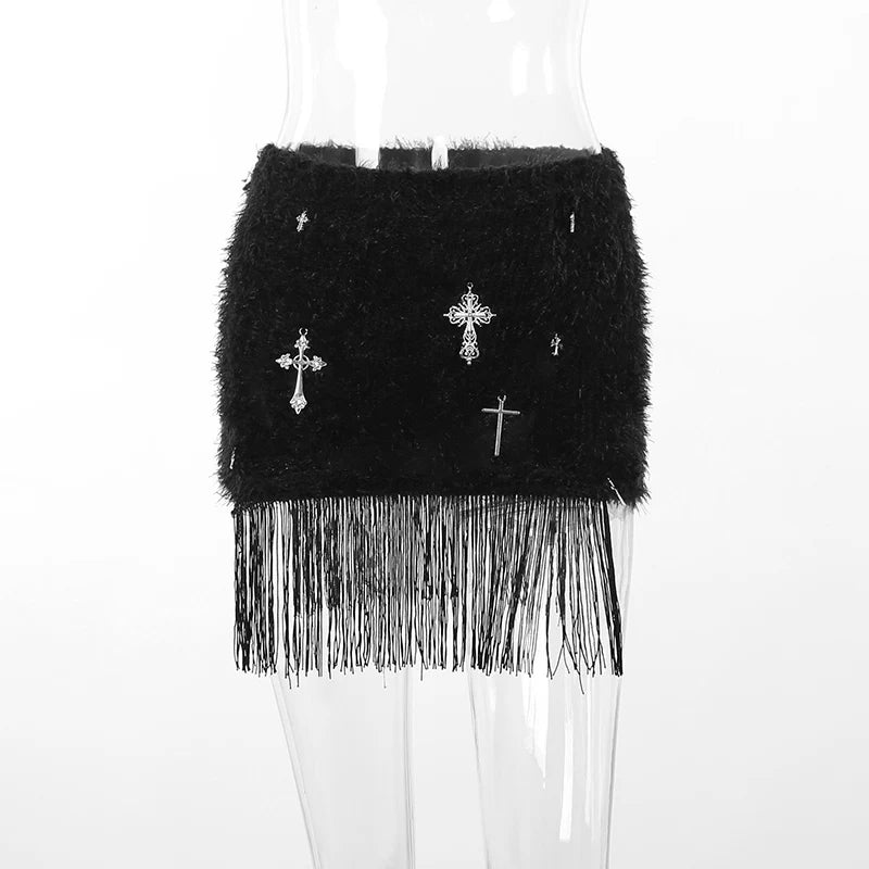 European And American Style High Waisted Cross Print Tassel Fur Short Skirt Fashion Casual Spicy Girl Skirt Children  XY23114DG