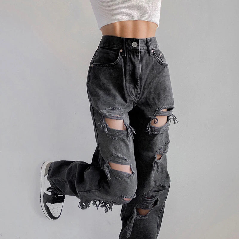 2024 Novas Calças Jeans Rasgadas de Cintura Alta Moda Feminina Hip Hop Punk Roupas Jeans Soltas Vintage Femininas Calças Jeans Rasgadas Streetwear