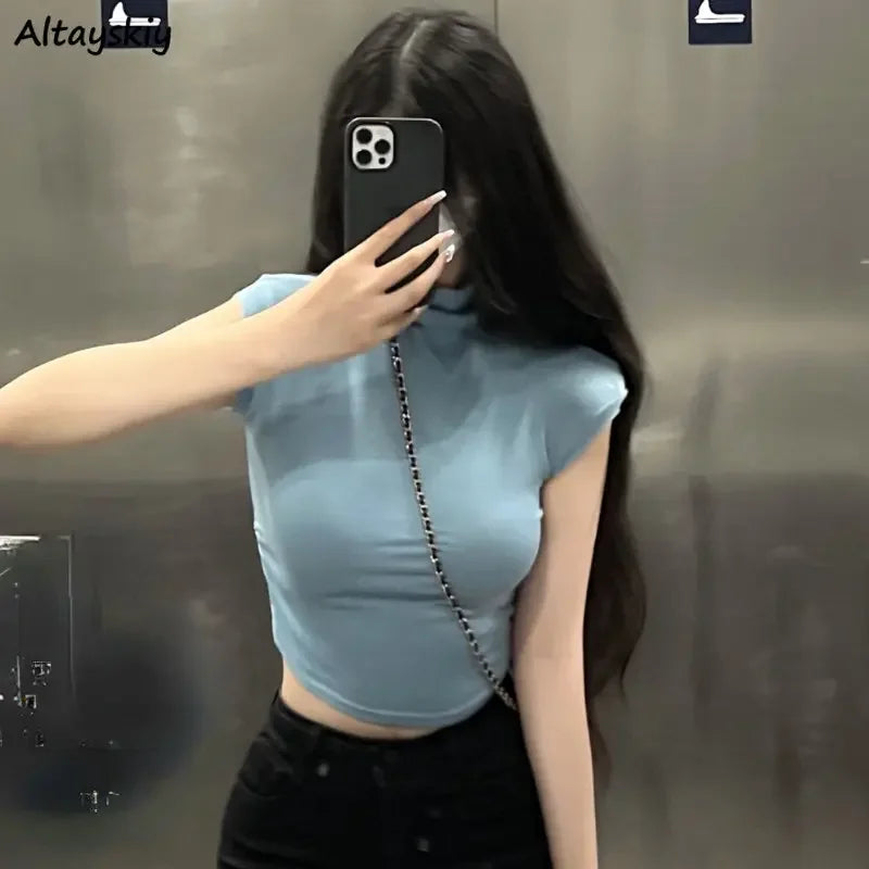 T-shirts Women Half High Collar Slim Crop Tops Sexy All-match Minimalist Summer Streetwear Fashion Tender Y2k Soft Korean Style