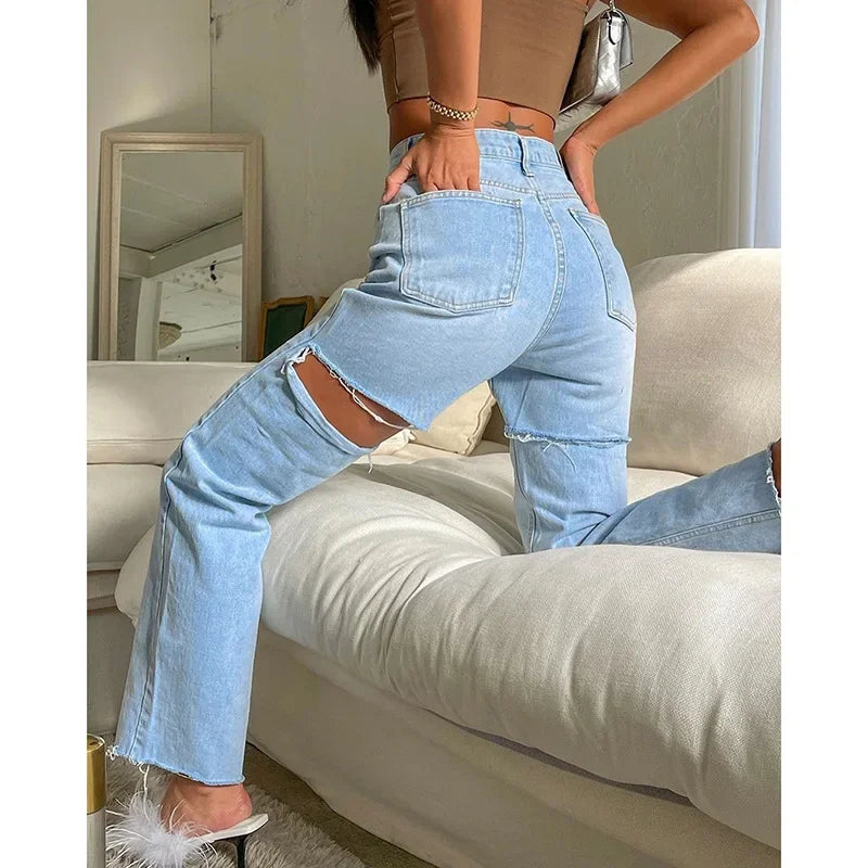 DSMTRC Female Fashion All-match Denim Trousers Spring 2024 New Simple Casual All-match Slim Hot Girl Ripped Jeans