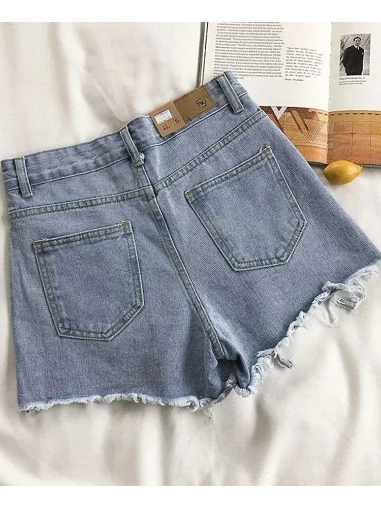 Moda Distressed Edge Cintura Alta Street Wear Mulheres Perna Larga Calças Quentes Verão Novos Shorts Jeans Casuais Femininos Estilo Coreano