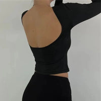 2000s Preto Sexy Lingerie Sólido Backless Bodysuit Y2K Gola Redonda Manga Comprida Bodycon Tee Tops Vintage Streetwear 2024
