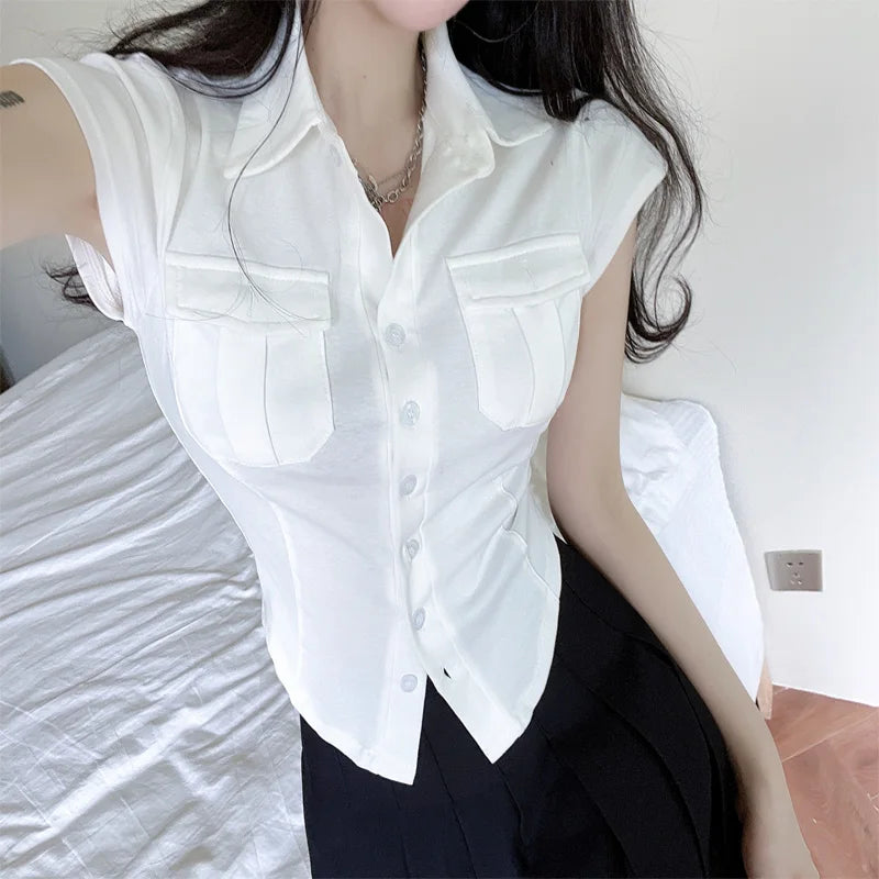 Button Pockets Crop Top Slim Girls Retro Casual Basic Cotton Shirt Cardigans Y2k Streetwear Tops Sexy Office Female White Blouse