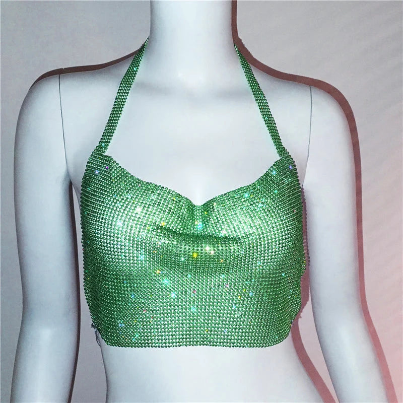 AKYZO-Sparkly Diamond Tank Top para mulheres, alças finas de strass de cristal, costas nuas sexy, top curto de clube, festa rave de festival