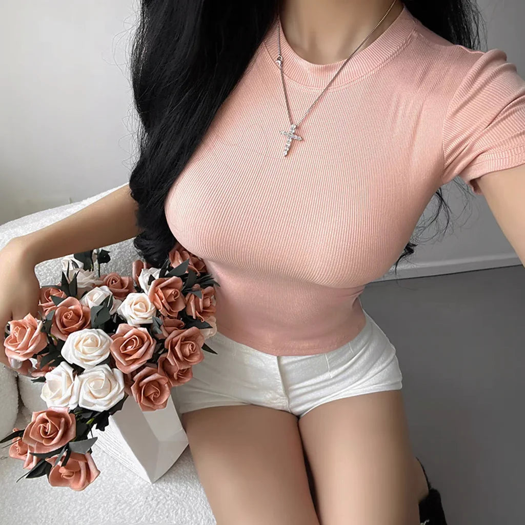 New High Quality Casual WomenT shirt Sexy Slim Short Sleeves Pink Plus Size Fashion Crew Neck Trend Solid Women Clothing Tops