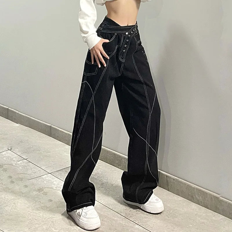 2025Women's New Style Personality Design Sense Topstitched Straight Pants Loose Wide-leg Floor-length Pants Low