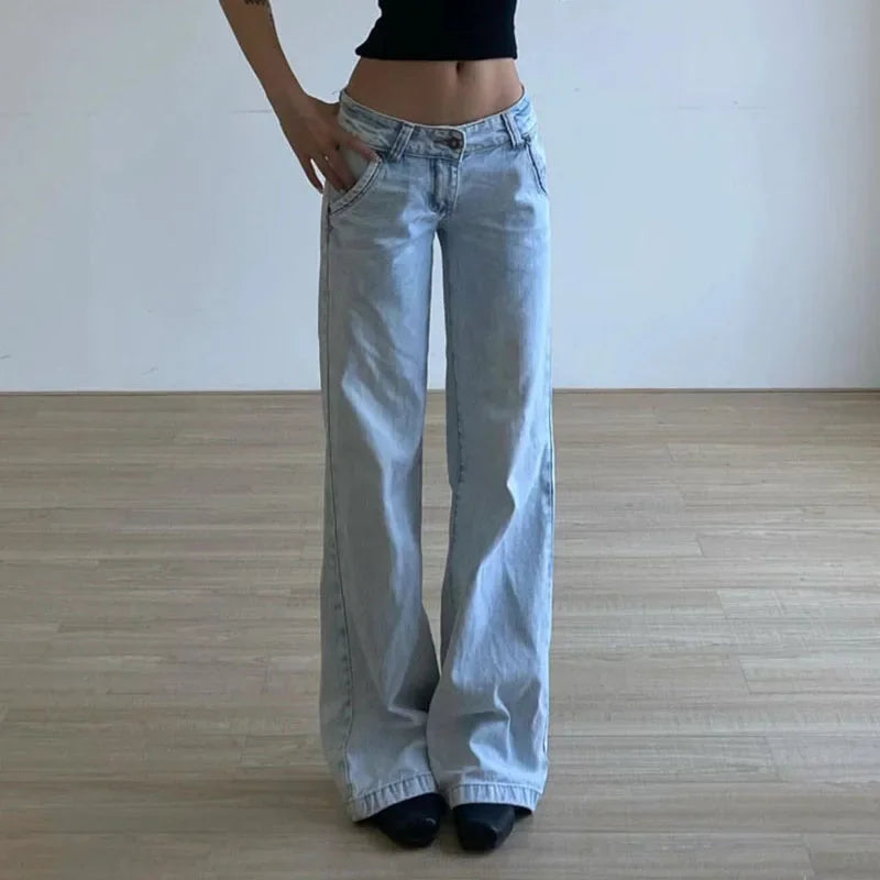 Light Blue Low Waist Jeans for Woman American Vintage Streetwear Denim Pants Women Y2K Fashion Washed Straight Trousers